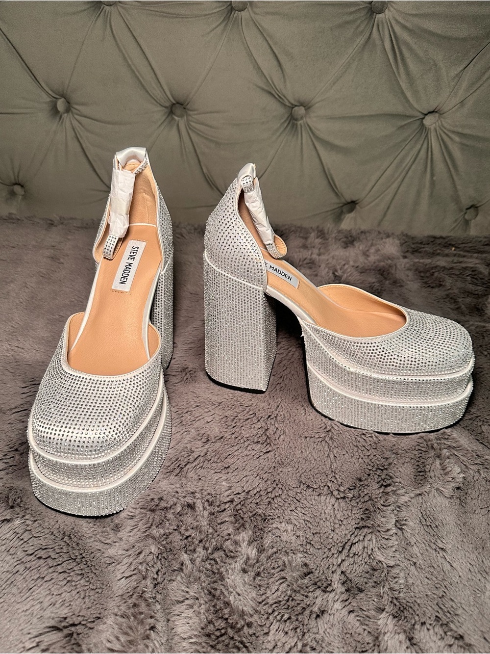 Steve Madden Silver Rhinestone Platform Block Heels: Charlize